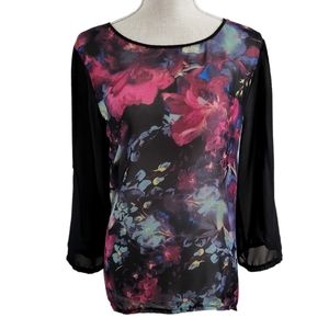 Floral Silky Sheer Blouse with Lace keyhole back - Black Pink Blue - Large